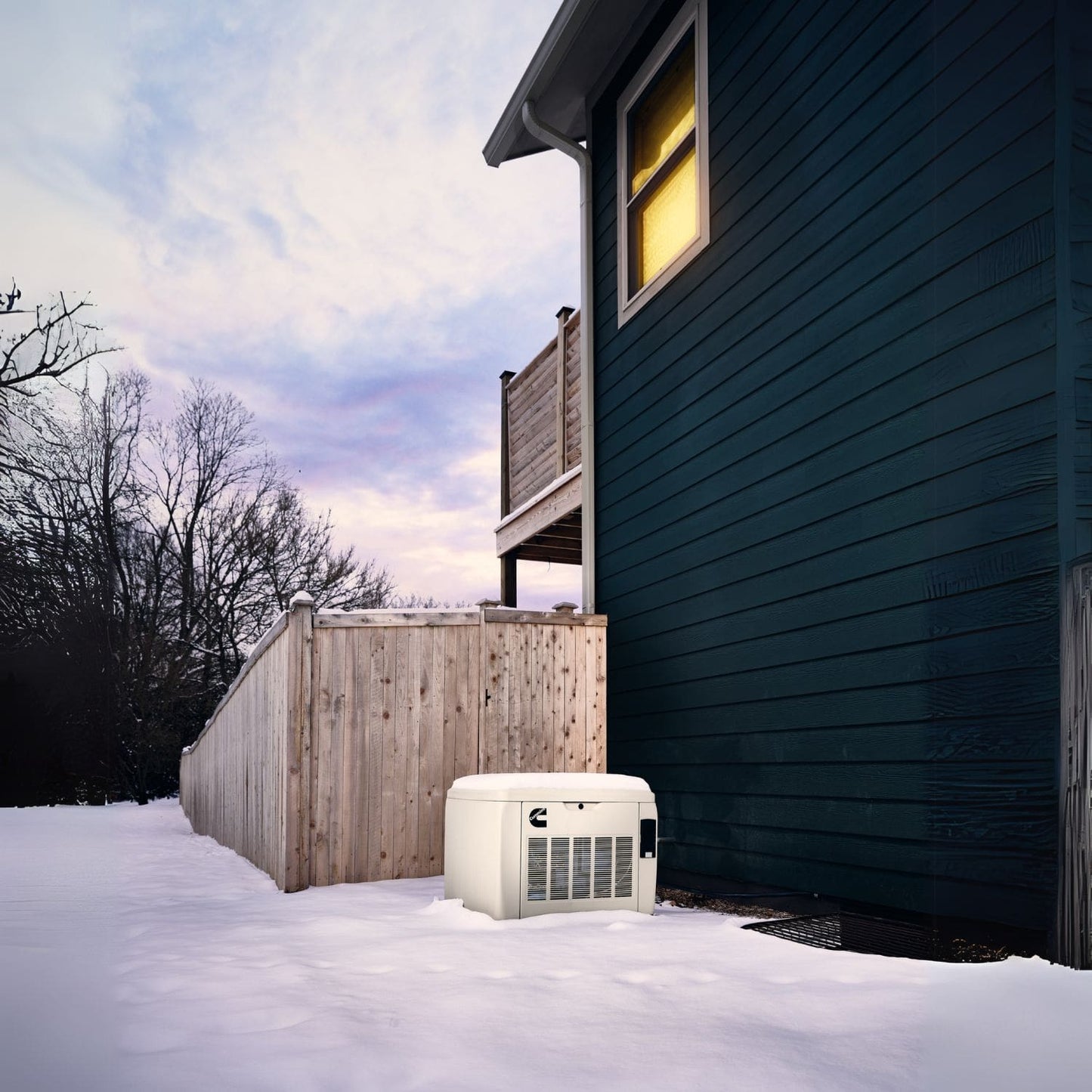 Cummins RS20A 20kW Home Standby Generator installed outside in the snow zoomed-out view