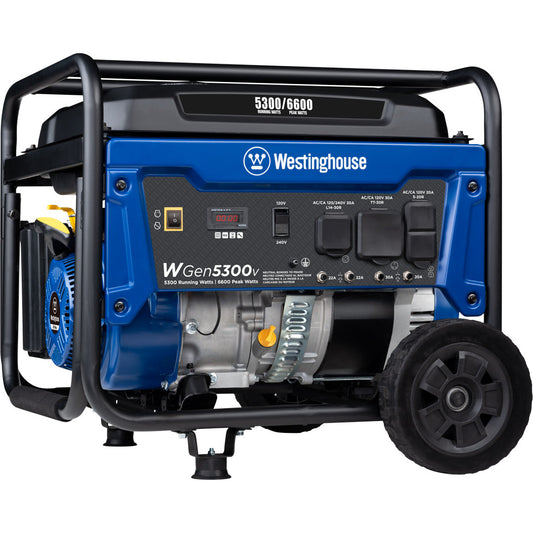 Westinghouse | WGen5300v portable generator shown at an angle on a white background.