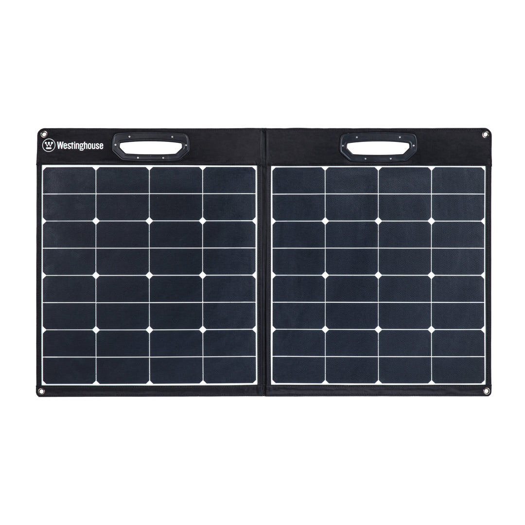 Westinghouse | WSolar100p solar panel shown unfolded in front view on a white background