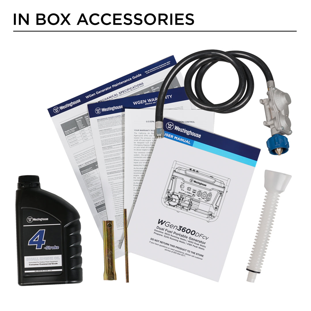Westinghouse | WGen3600DFcv portable generator in box accessories: oil bottle, oil funnel, user manual, warranty, maintenance guide, tools, and propane hose/regulator
