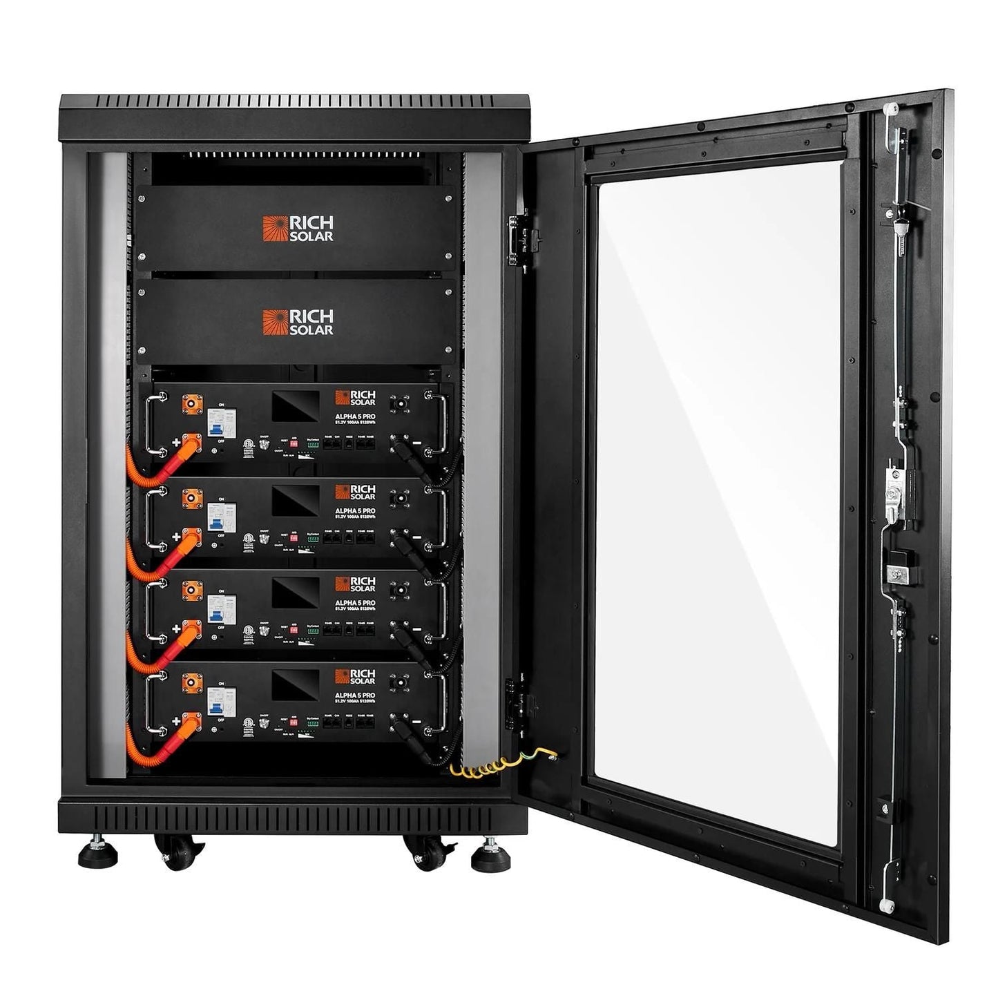 4 Rich Solar ALPHA 5 PRO 51.2V inside server rack open door