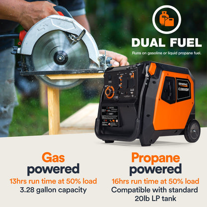 Generac iQ3800 DF 8946 3000W/3800W Generator Dual Fuel Gas Propane Low THD Inverter CO Sense Electric Start CARB