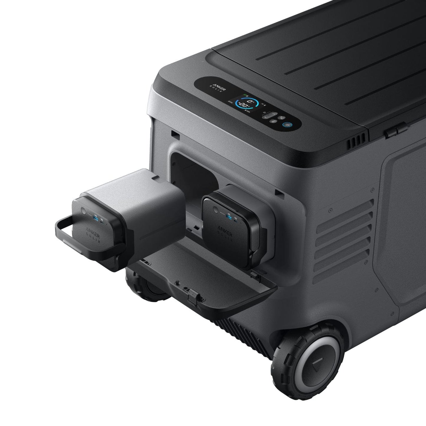 Anker SOLIX EverFrost 2 Electric Cooler 58L back view with close-up of battery