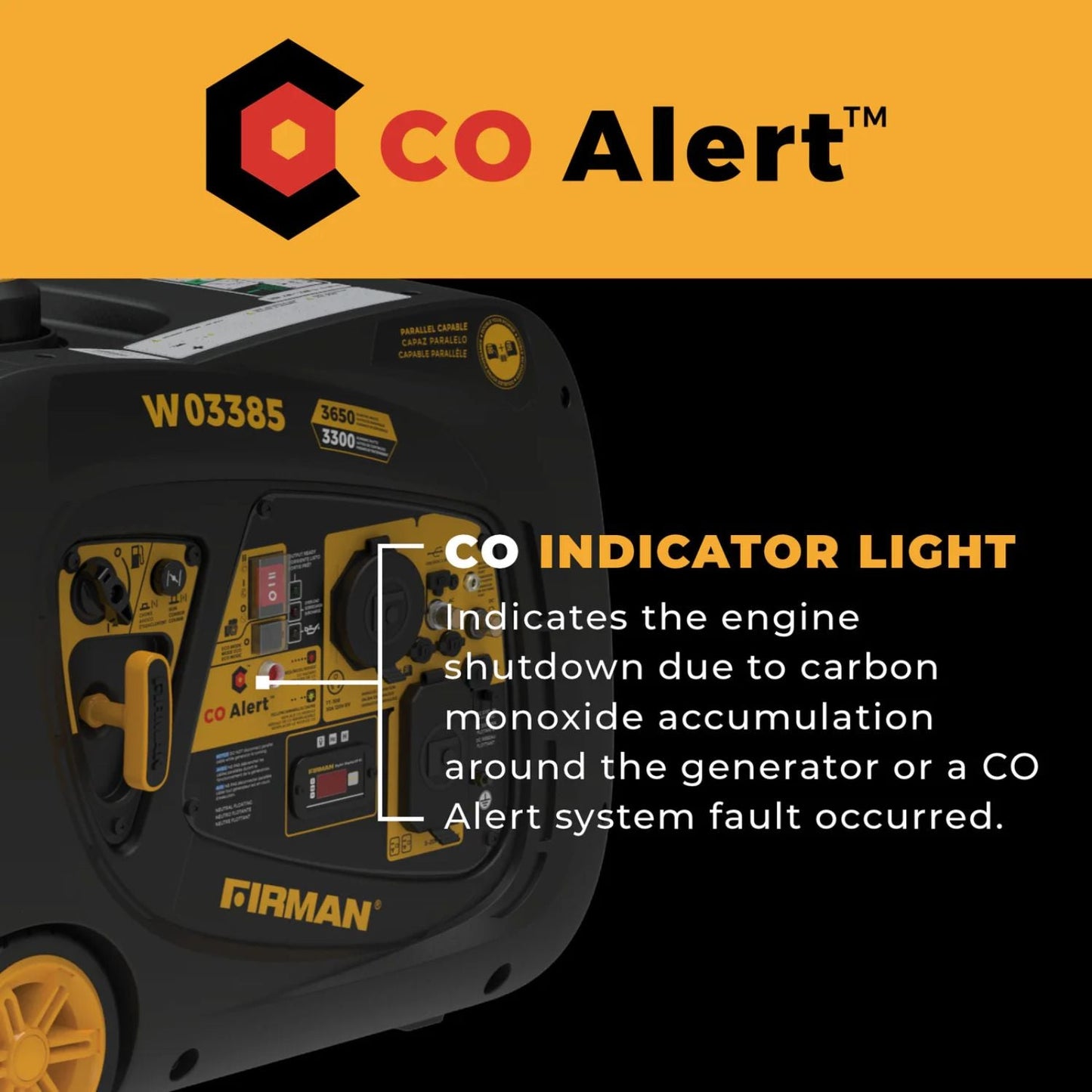Anker SOLIX F3000 with the Firman W03385 - Premium Kit  with CO Alert indicator light on a yellow and black background