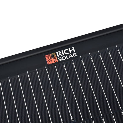 Close-up of Rich Solar Mega 200W Portable Solar Panel with 'Rich Solar Panel Briefcase' branding.