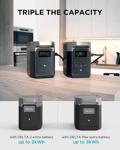 EcoFlow DELTA 2 Portable Power Station and EcoFlow DELTA max extra battery in the kitchen