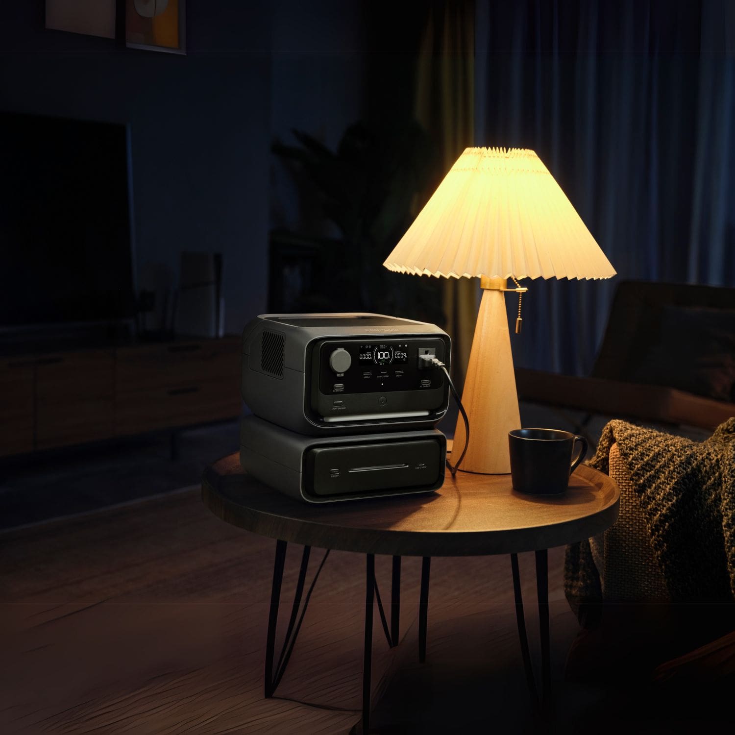 EcoFlow RIVER 3 Max Portable Power Station beside the lamp