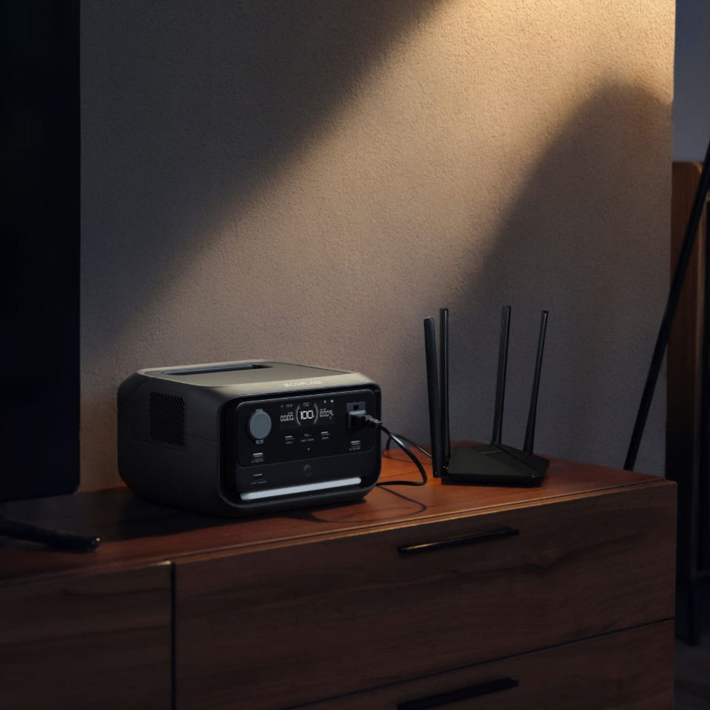 EcoFlow RIVER 3 Plus Portable Power Station Charging A Router