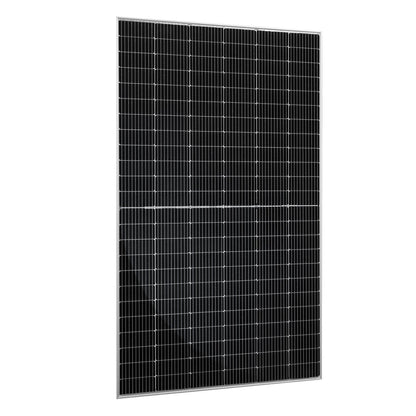 Front view of Rich Solar MEGA 550W Bifacial Solar Panel with sleek black frame and high-efficiency solar cells.