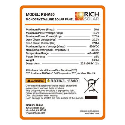 RICH SOLAR MEGA 50 Watt Solar Panel Specifications