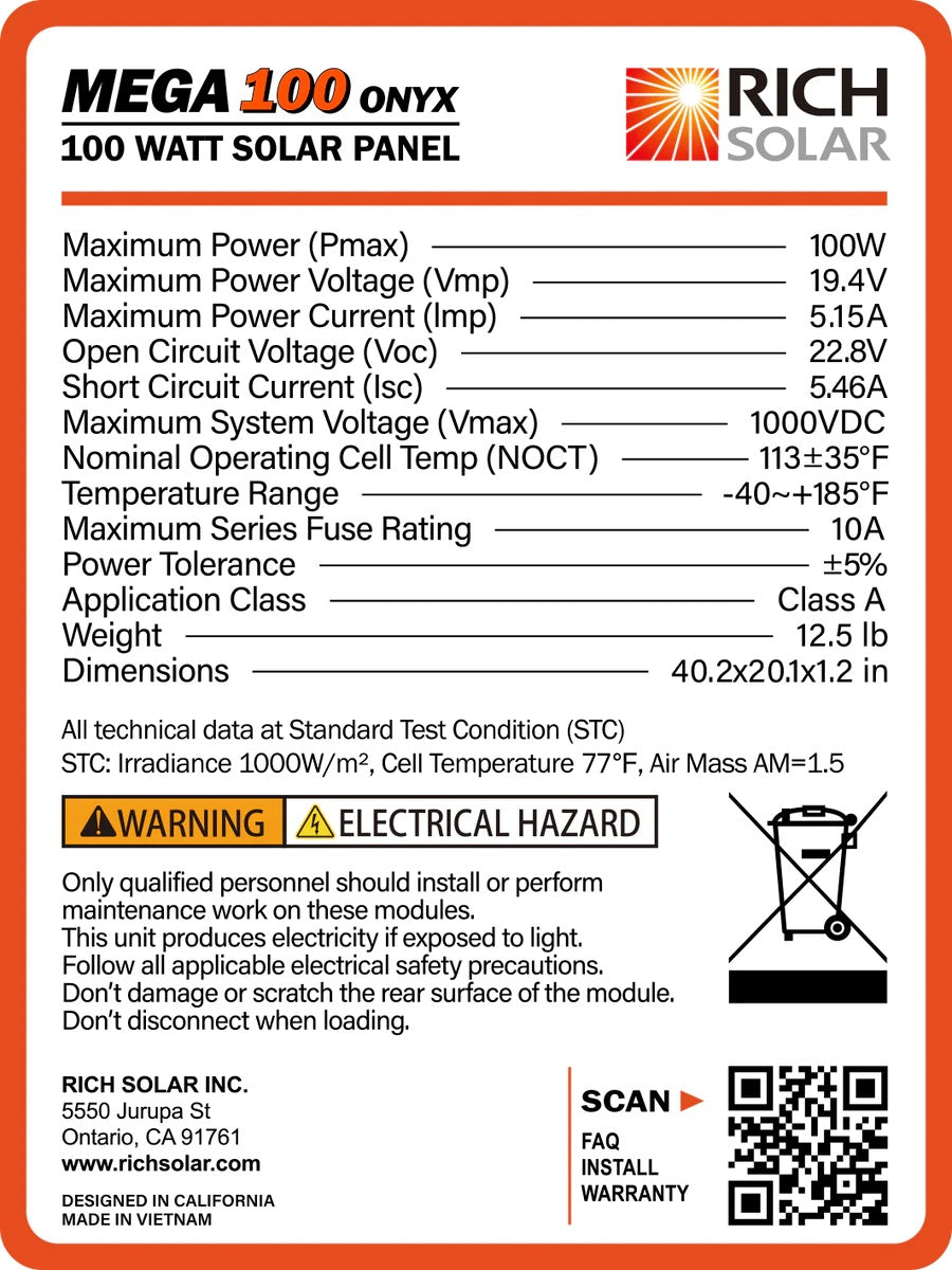 Rich Solar MEGA 100 Watt ONYX Monocrystalline Solar Panel Specifications