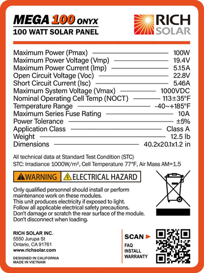 Rich Solar MEGA 100 Watt ONYX Monocrystalline Solar Panel Specifications