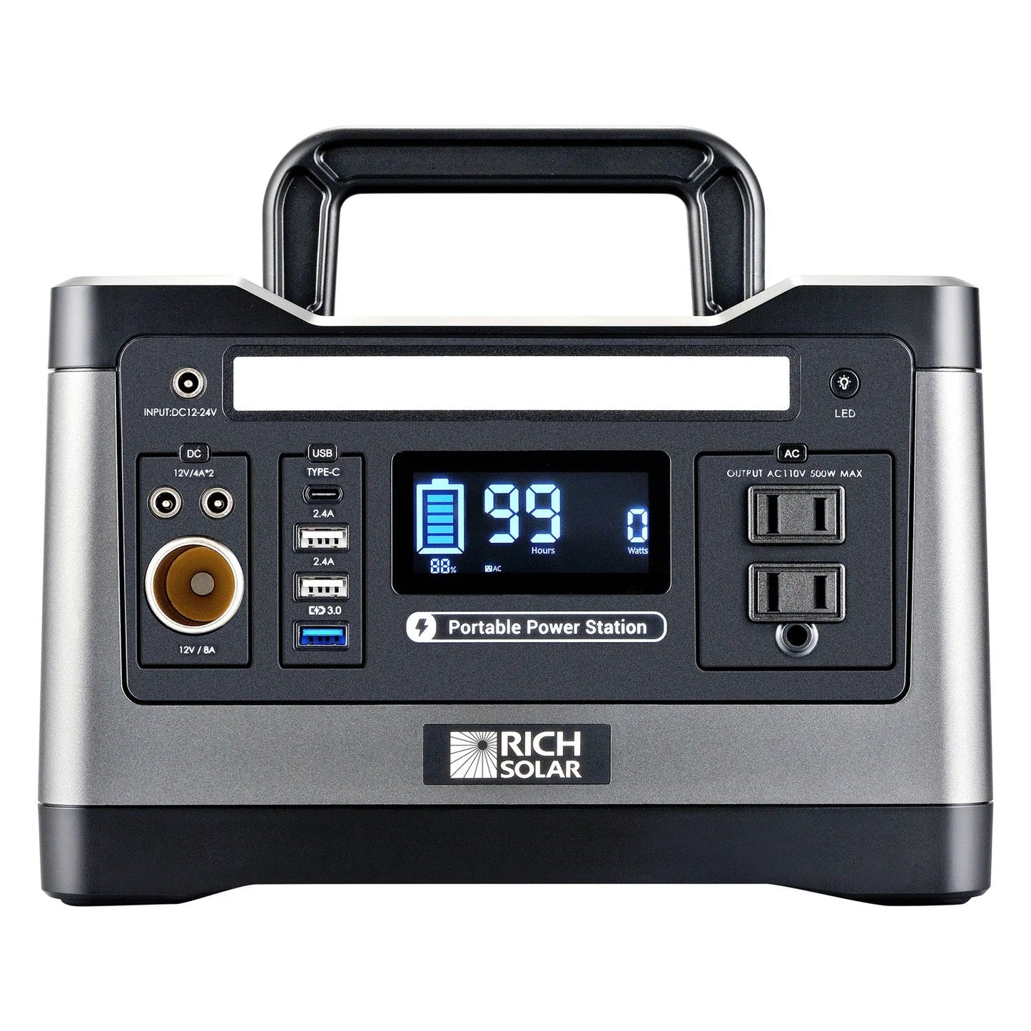 Rich Solar X500 Solar Generator Kit 540WhGenerator and 100 Watt Portable Solar Panel Black Front View