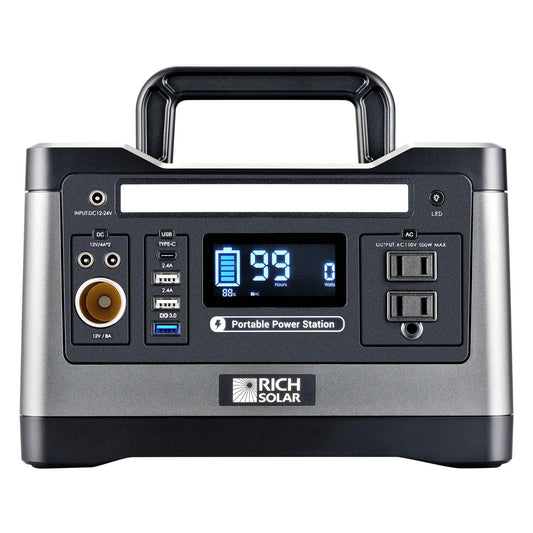 Rich Solar X500 Solar Generator Kit 540WhGenerator and 100 Watt Portable Solar Panel Black Front View