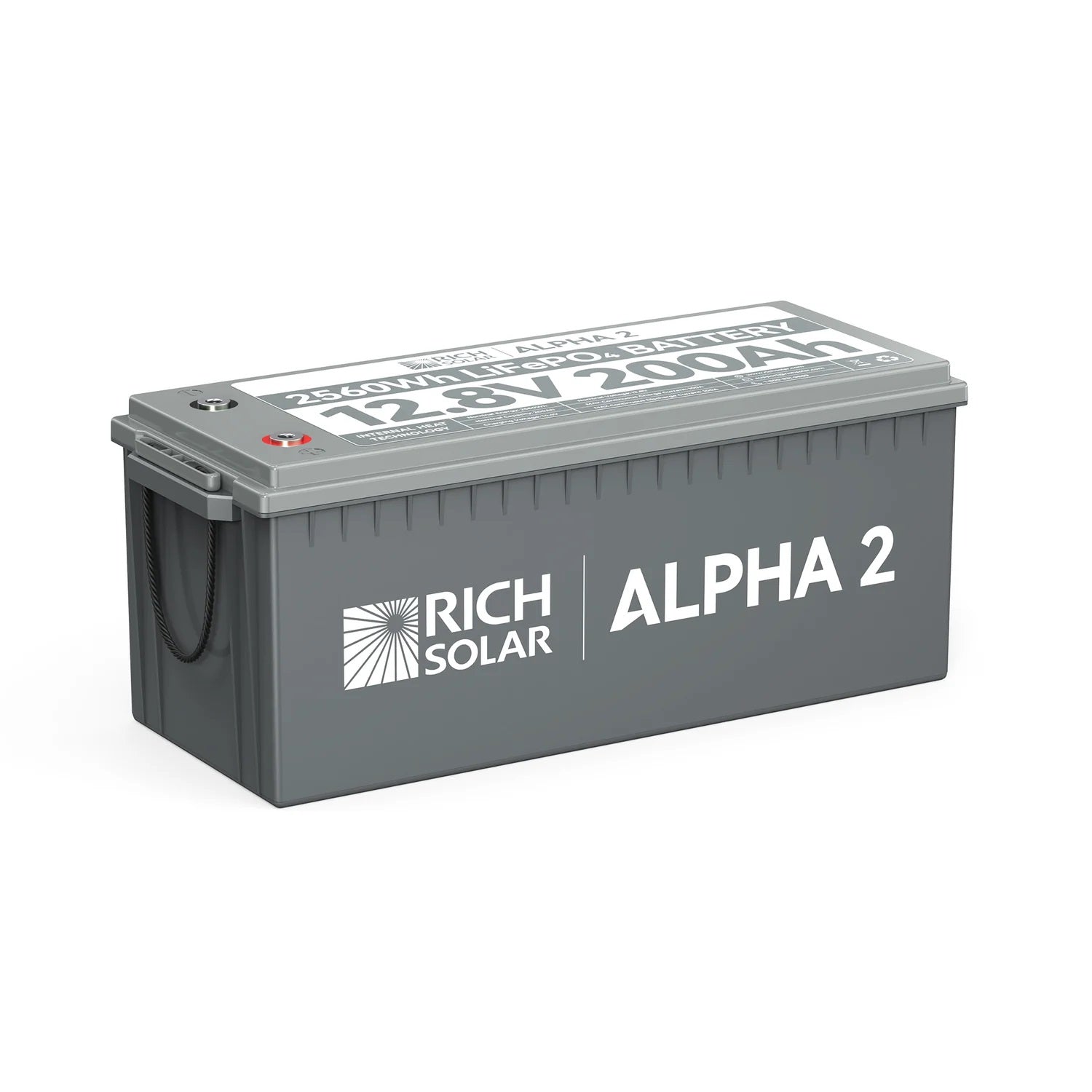 Rich Solar ALPHA 2 12V 200Ah LiFePO4 Lithium Iron Phosphate Battery With Internal Heating and Bluetooth Function Front Left View
