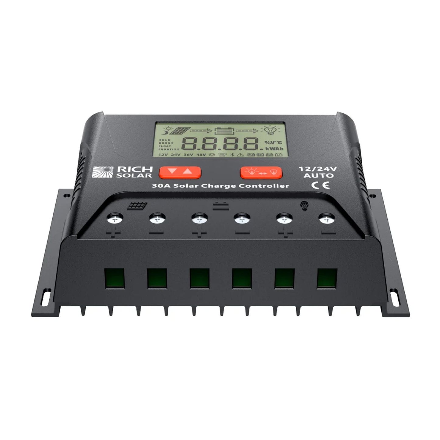 Rich Solar BRAVO LEGEND 30 Amp PWM Solar Charge Controller Front And Bottom View