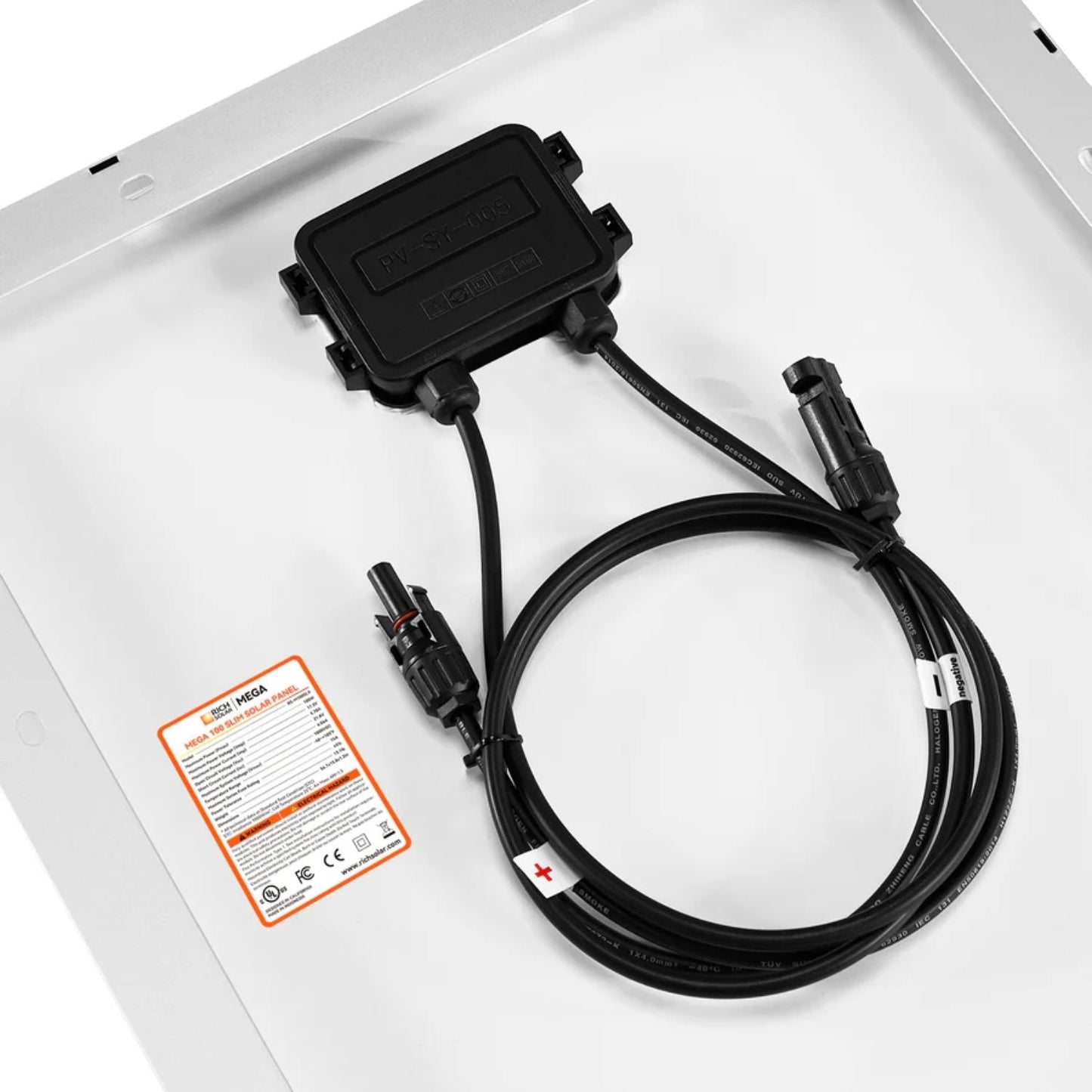 Rich Solar MEGA 100 Slim SLX Monocrystalline Solar Panel with connector on a white background