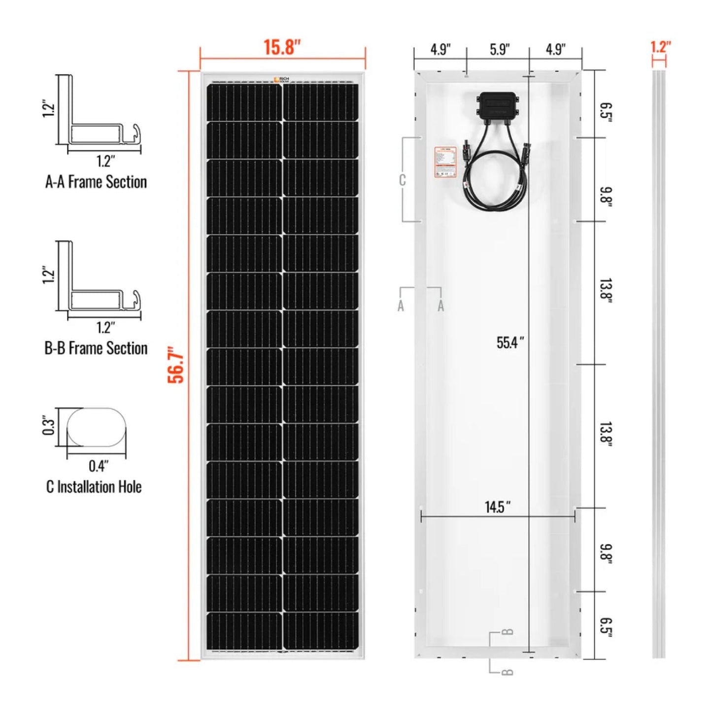 Rich Solar MEGA 100 Slim SLX Monocrystalline Solar Panel with dimensions and specifications 