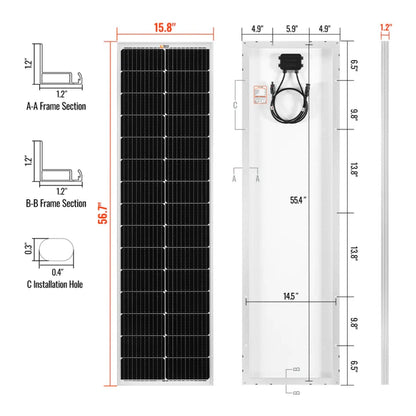 Rich Solar MEGA 100 Slim SLX Monocrystalline Solar Panel with dimensions and specifications 