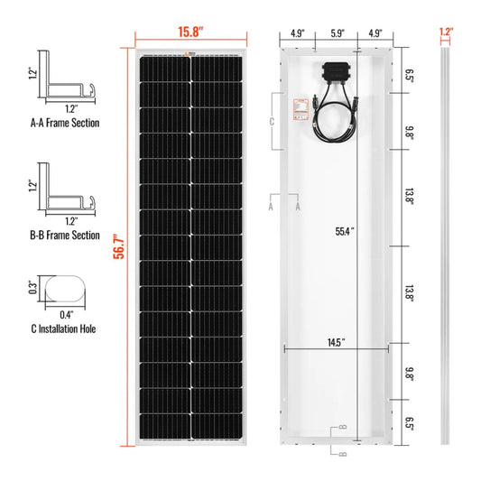 Rich Solar MEGA 100 Slim SLX Monocrystalline Solar Panel with dimensions and specifications 