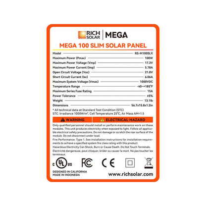 Rich Solar MEGA 100 Slim SLX Monocrystalline Solar Panel with specifications and safety warnings.