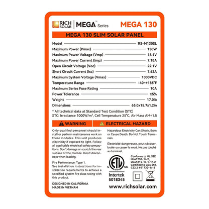 Rich Solar MEGA 130 Watt Slim Solar Panel speficiations