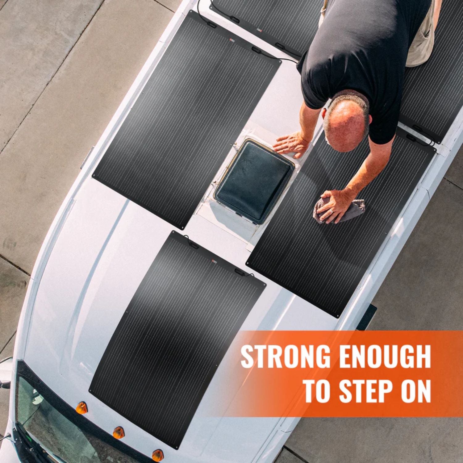 Rich Solar MEGA 200W PRO FLEX24V Flexible Solar Panel at the top of the van