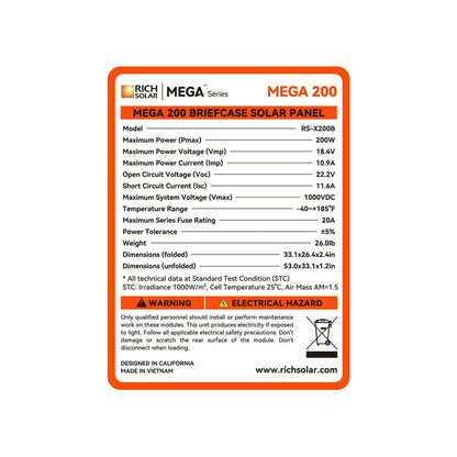 Rich Solar Mega 200W Portable Solar Panel Briefcase Lock Specifications 