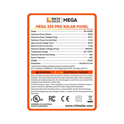 Rich Solar Mega 335 Pro solar panel label with specifications and certifications on a white background