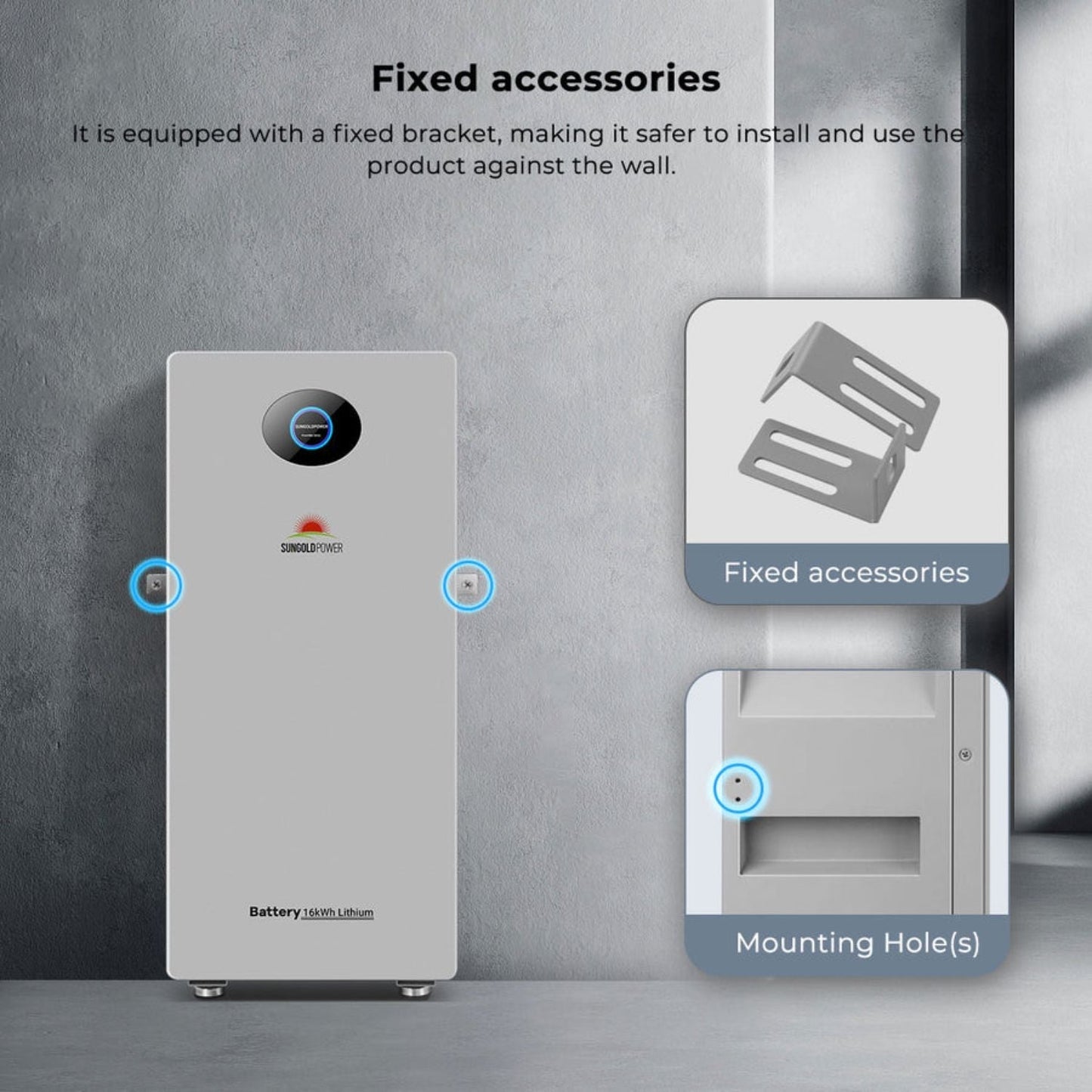 SunGold PowerMax Energy Storage Battery with fixed bracket and mounting holes on a gray background