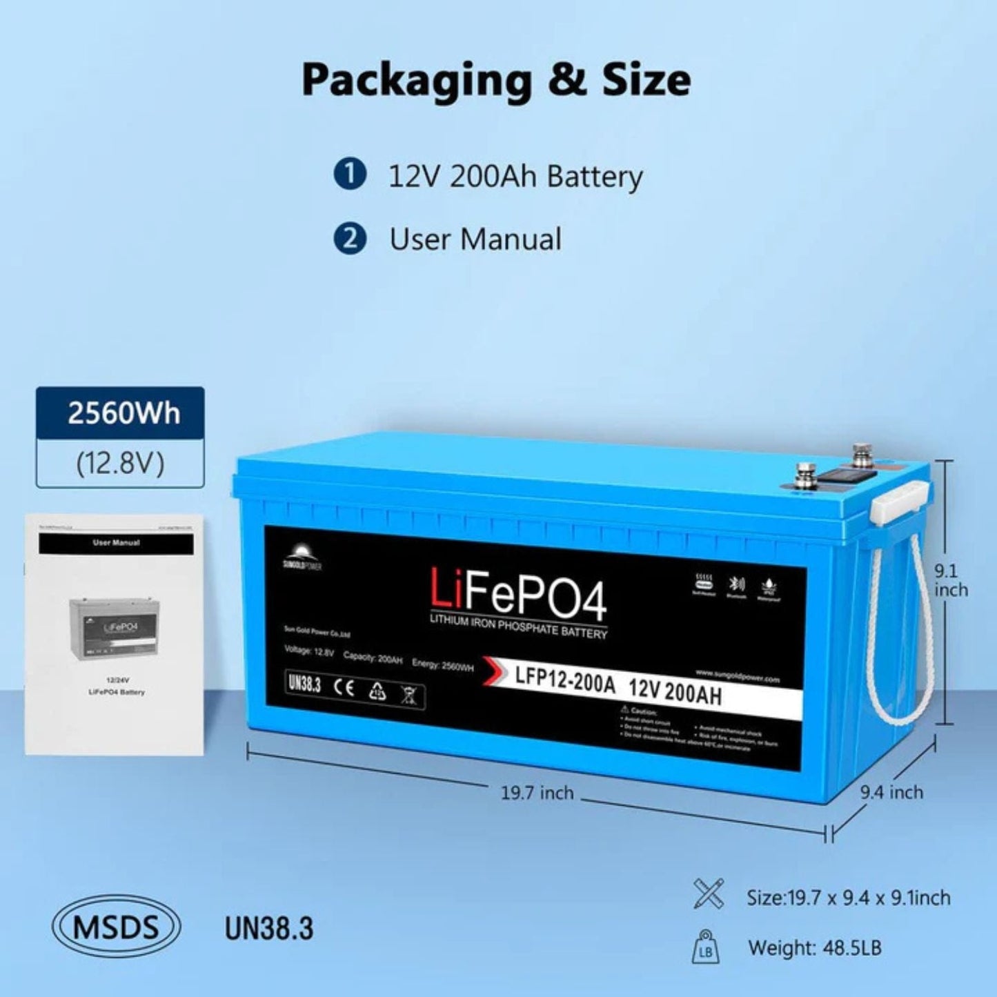 SunGold Power 12V 200Ah LiFePo4 Deep Cycle Lithium Battery Packaging and size