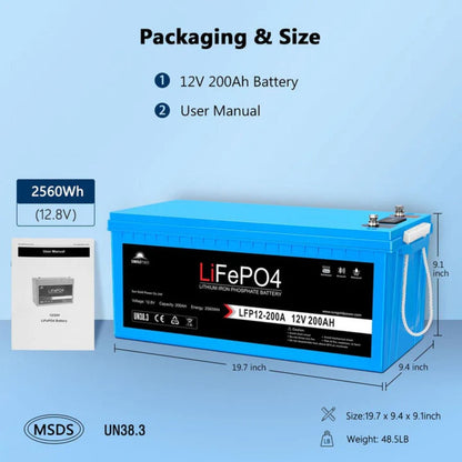 SunGold Power 12V 200Ah LiFePo4 Deep Cycle Lithium Battery Packaging and size