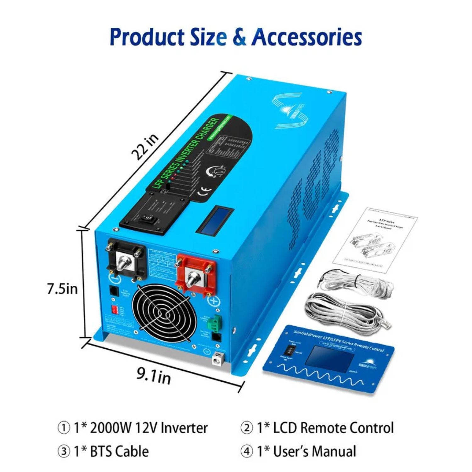 SunGold Power 2000W DC 12V Pure Sine Wave Inverter With Charger - compatible dimensions