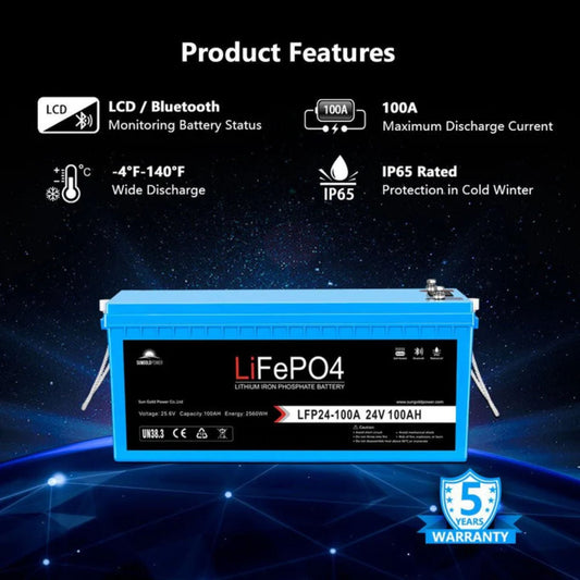 SunGold Power 24V 100Ah LiFePo4 Deep Cycle Lithium Battery Features