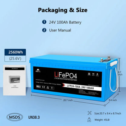 SunGold Power 24V 100Ah LiFePo4 Deep Cycle Lithium Battery Packing and size