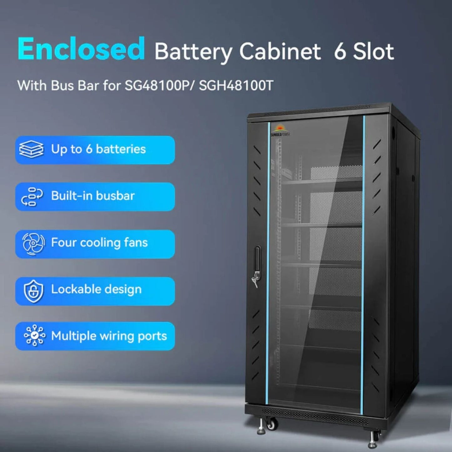 SunGold Power Enclosed Battery Cabinet 6 Slot with Bus Bar - Features