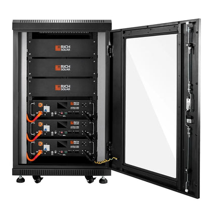 Three Rich Solar ALPHA 5 PRO 51.2V with open door server rack