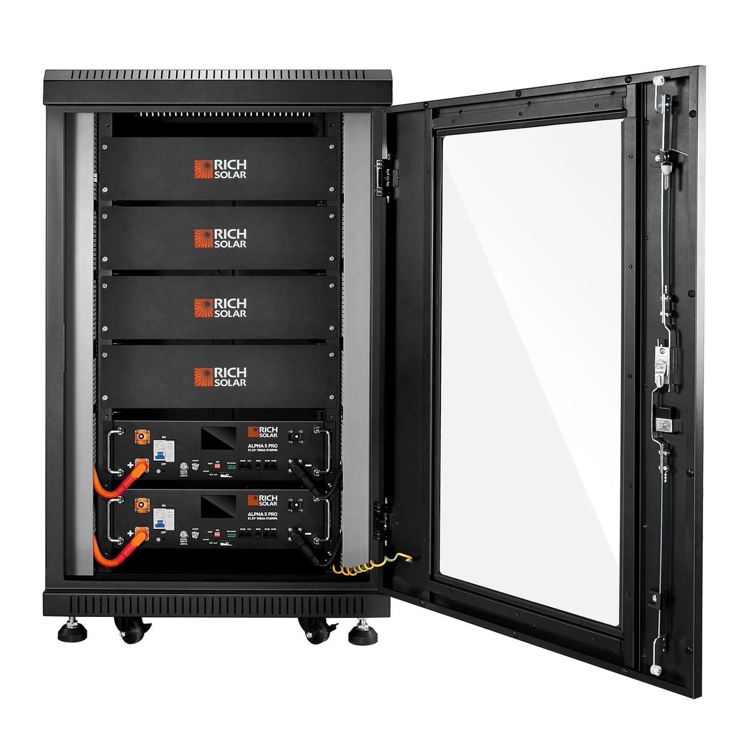 Two Rich Solar ALPHA 5 PRO 51.2V with open door server rack