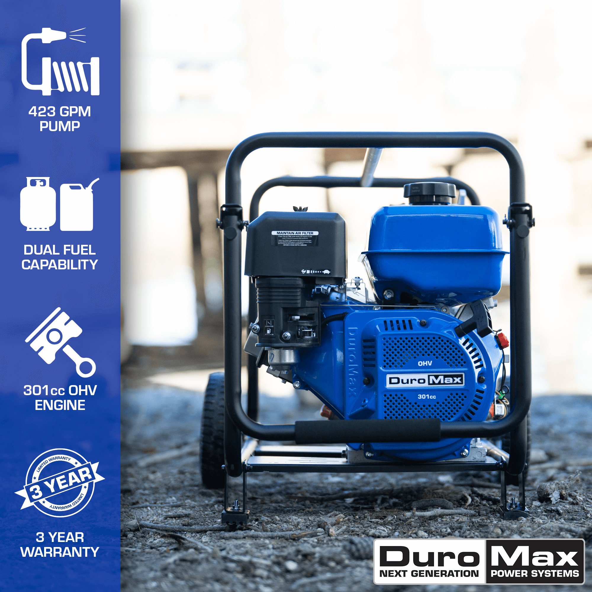 DuroMax XP904WX 423 GPM 4" Dual Fuel Engine Portable Water Pump