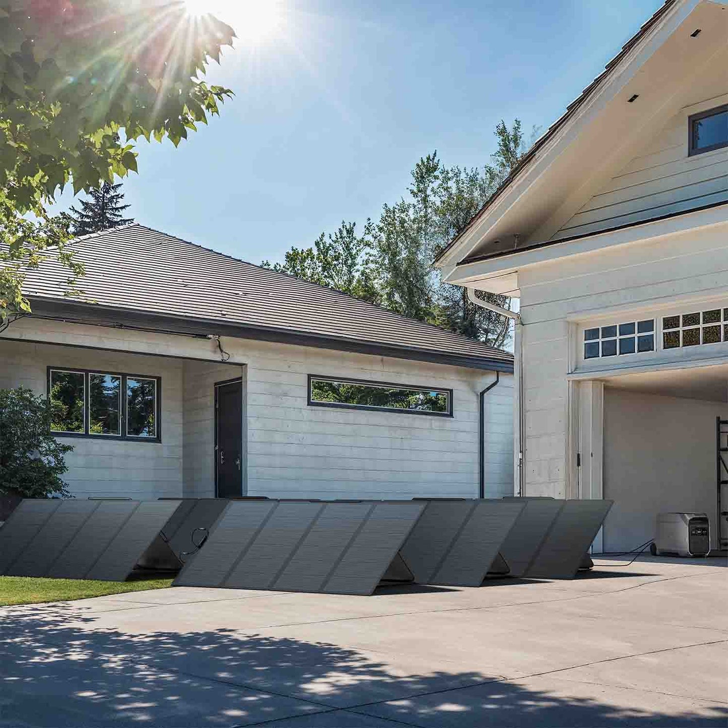 EcoFlow DELTA Pro 3 In An Open Garage Being Charged By 400W Solar Panels